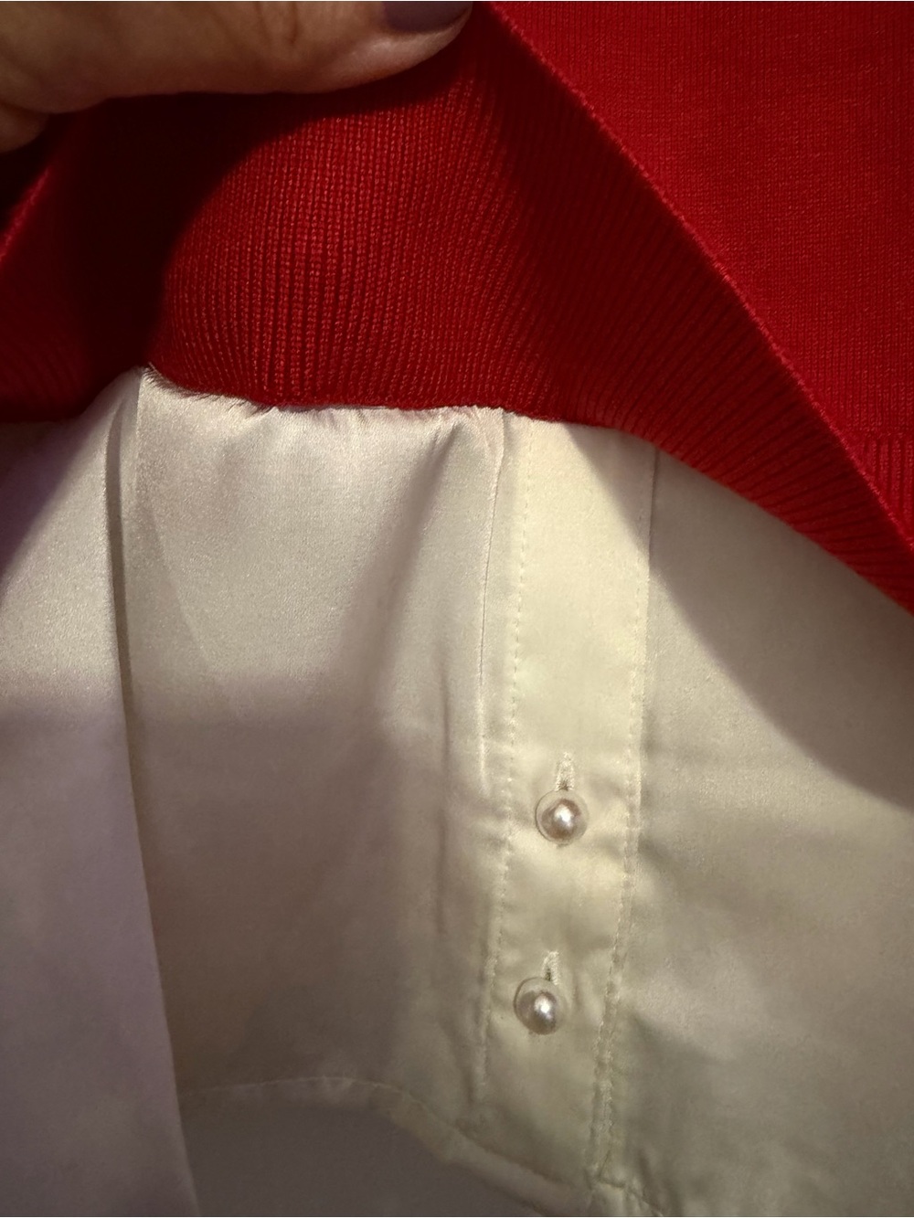 Adrianna Papell Red Knit Top with Pearl-Studded Ivory Collar - Picture 7 of 8